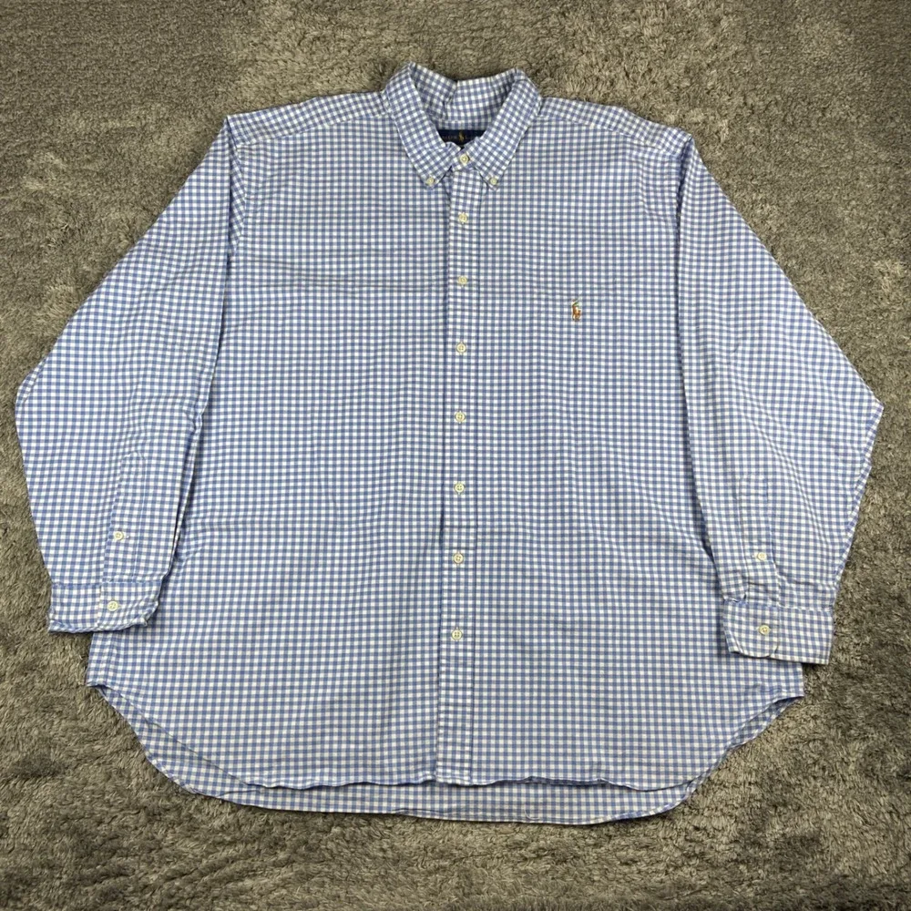 Ralph Lauren Stretch Oxford Mens 3XB Blue Gingham Button Down Long Sleeve Shirt